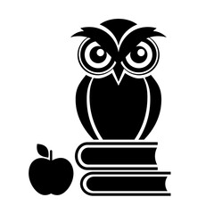 Owl icon. Logo of a bird with books and an apple on white background. Vector illustration.