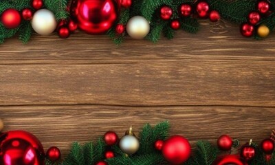 Christmas border on wooden background with fir branches and decorations