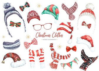 Christmas clothes set of watercolor hats,scarf, bowtie object isolated, winter clothes accessories, warm christmas decor, new year, hipster clothes, create character overlay,drop,clipart, diy