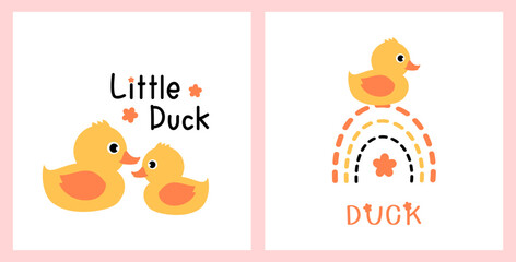 Fototapeta premium Little duck cartoons, rainbows and hand written fonts isolated on white background. Cute childish print.