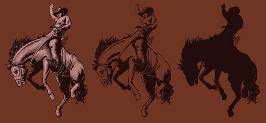 cowboy in a hat on a horse with a lasso and a colt in the style of art graphics