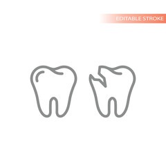 Dental tooth healthy and with caries vector icon. Cavities outlined vector icon.