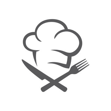 Restaurant logo, food symbol with chef cap. Crossed kitchen knife and fork, cooking vector icon.