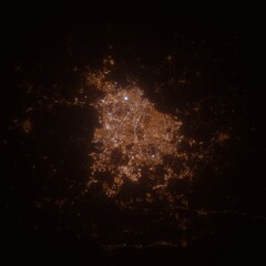 Guadalajara (Mexico) street lights map. Satellite view on modern city at night. Imitation of aerial view on roads network from space. 3d render with glow effect