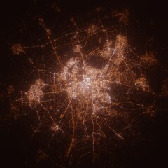 Breda (Netherlands) street lights map. Satellite view on modern city at night. Imitation of aerial view on roads network. 3d render