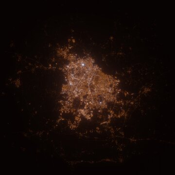 Guadalajara (Mexico) street lights map. Satellite view on modern city at night. Imitation of aerial view on roads network from space. 3d render with glow effect © Hairem