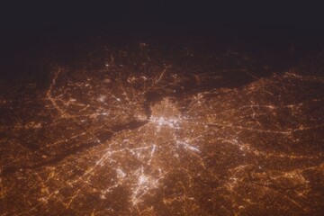 Aerial shot of Philadelphia (Pennsylvania, USA) at night, view from north. Imitation of satellite view on modern city with street lights and glow effect. 3d render