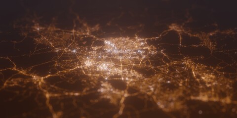 Street lights map of Gwangju (Korea) with tilt-shift effect, view from west. Imitation of macro shot with blurred background. 3d render, selective focus