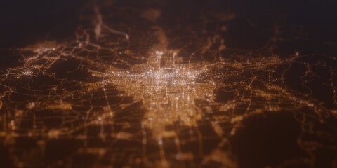 Street lights map of Bishkek (Kyrgyzstan) with tilt-shift effect, view from west. Imitation of macro shot with blurred background. 3d render, selective focus