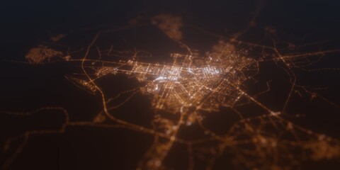 Street lights map of Nur-Sultan (Kazakhstan) with tilt-shift effect, view from east. Imitation of macro shot with blurred background. 3d render, selective focus