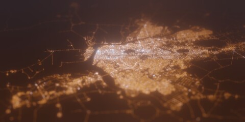 Street lights map of Yangon (Myanmar) with tilt-shift effect, view from east. Imitation of macro shot with blurred background. 3d render, selective focus