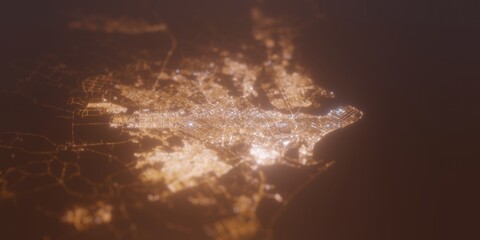 Street lights map of Karachi (Pakistan) with tilt-shift effect, view from west. Imitation of macro shot with blurred background. 3d render, selective focus