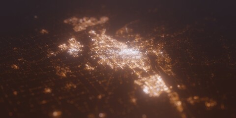 Fototapeta na wymiar Street lights map of Ottawa (Canada) with tilt-shift effect, view from east. Imitation of macro shot with blurred background. 3d render, selective focus