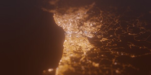 Street lights map of Santo Domingo (Dominican Republic) with tilt-shift effect, view from east. Imitation of macro shot with blurred background. 3d render, selective focus