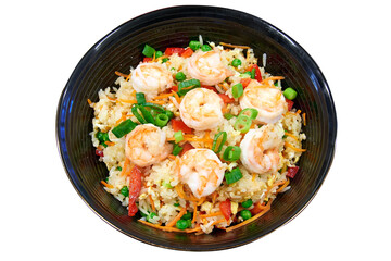 Ceramic plate with Fried rice and shrimps isolated on white