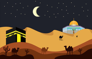 illustration of Isra and mi'raj the night journey of prophet muhammad poster design
