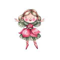 Flower fairy, little princess dressed as a rose watercolor illustration. Cute character - rose princess. Kids character on a white background.