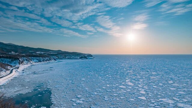 drift ice and sky timelapse in winter in Shiretoko. Hokkaido, Japan