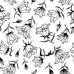 Bluebell flowers seamless pattern. Vector stock illustration eps10. Outline, isolate on white background. Hand drawn.