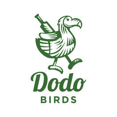 Dodo bird icon logo with bottle on back vintage style © Supercutecandy