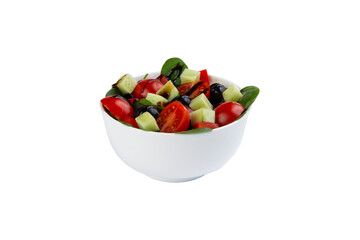 Salad with tomatoes, cucumbers and olives in a plate. Selective focus. transparent.