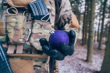 Christmas at war. Soldier at Christmas at the front. 