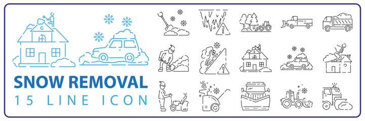 Snow removal Winter season holidays service linear icons set. Christmas. Studded tires for car. Customizable thin line contour symbols