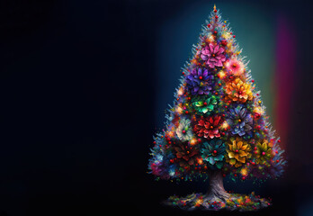 Abstract Christmas tree made of colorful ornaments and shining glitter flowers. Illustration Winter concept. Dark background with colorful New Year object. Generative AI.