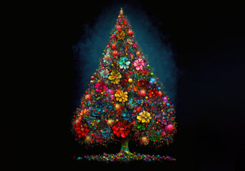 Abstract Christmas tree made of colorful ornaments and shining glitter flowers. Illustration Winter concept. Dark background with colorful New Year object. Generative AI.