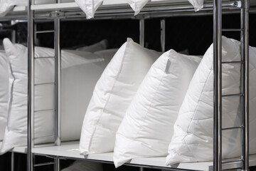 Clean fresh pillows in hotels server room, hotel service concert background