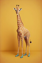 Abstract, creative, illustrated, minimal portrait of a wild animal dressed up as a man in elegant blue shoes. A giraffe on yellow background.  Generative AI.