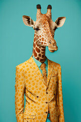 Abstract, creative, illustrated, minimal portrait of a wild animal dressed up as a man in elegant clothes. A giraffe standing on two legs in business suit. Generative AI. - obrazy, fototapety, plakaty