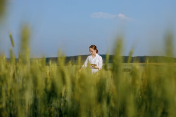 Naklejka na ściany i meble Scientist technologist in a white coat on a young wheat field writes down data on this year's crop on a smart tablet