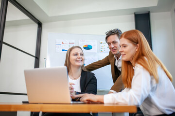 business team colleagues talking at work share ideas with laptop, Happy colleagues work together, CEO executive in corporate office.