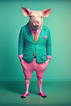 Abstract, creative, illustrated, minimal portrait of a wild animal dressed  up as a man in elegant clothes. A pig standing on two legs in business  modern suit. Generative AI. Stock Illustration |
