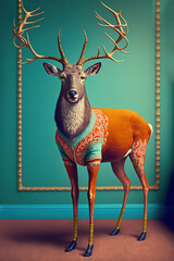 A  human size deer in a trendy vintage hipster Winter sweatshirt. Abstract, illustrated, minimal portrait of a wild animal dressed up as a man in elegant clothes. Generative AI.