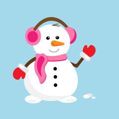 Cartoon snowman with pink headphones on the sky blue background. 