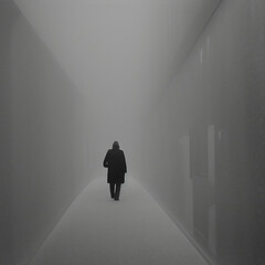 Generative AI Grim Reaper figure in a black trenchcoated walking down an endless corridor. 
