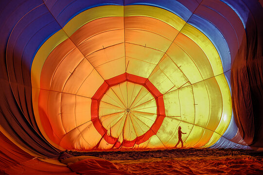 Silhouette of a person behind a colorful hot air balloon as it inflates at sunset in Los Cardales, Buenos Aires Province, Argentina.