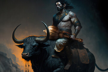 Generative AI : Lord Yama, the Hindu god of death, seated on his mount the buffalo