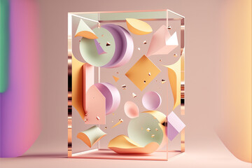 Contemporary, futuristic, pastel colored glass and crystal background, irregular geometric shapes that looks like a product podium and pedestal. cyber refracting gentle colors. Generative AI.