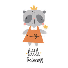 Vector cute card with smiling panda. Illustration with funny cartoon character with handwritten quote: Little princess.