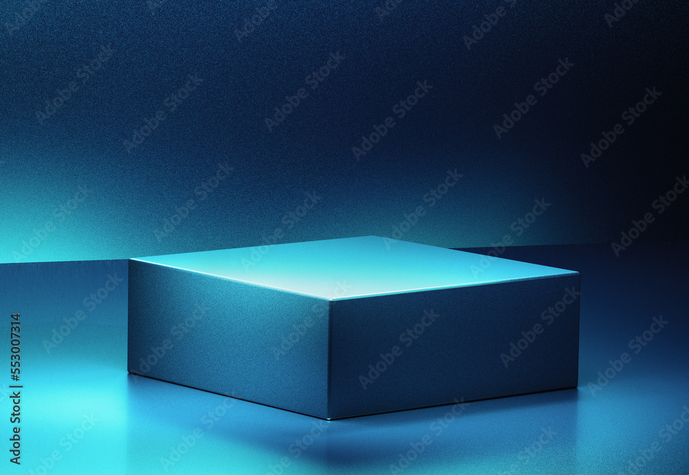 Poster empty blue square podium in aurora background theme. 3d computer graphic template of displaying plac