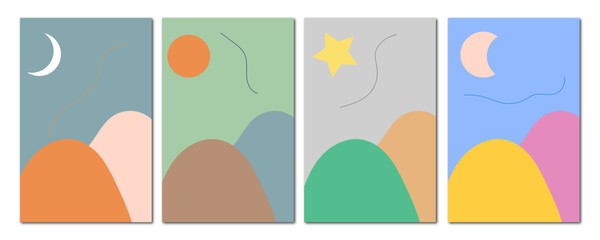 Abstract Contemporary Aesthetic Background Landscape Set With Sun, Moon, stars and water waves, Mountains Earth Tones Pastel Color