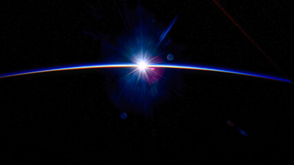 Sunrise over planet Earth's horizon. Digital Enhancement. Elements by NASA