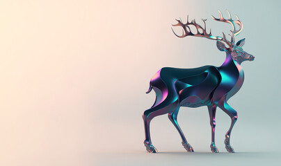 Contemporary, modern, metal, opulence deer with neon cyber lights refracting on it. Crystal luxury glass sculpture on iridescent background. Futuristic minimal 3d concept, Generative AI.