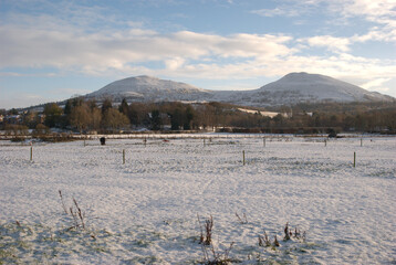Eildon Hills and fields from Darnick in winters afternoon