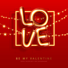 Happy Valentines Day poster with 3D chromic letters. Holiday greeting card. Vector illustration