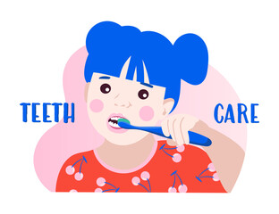 Kids teeth care, little girl is brushing her teeth, children everyday routine, dental health. Cute cartoon isolated vector illustration.