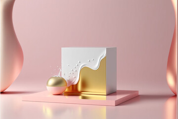 Pastel cubes and balls, minimal, elegant podium and product pedestal. White and gold paint creative futuristic concept on soft background. 3D Illustration. Generative AI.